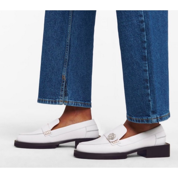 Ganni Shoes - Ganni White Leather Loafers with Silver-tone Medallion